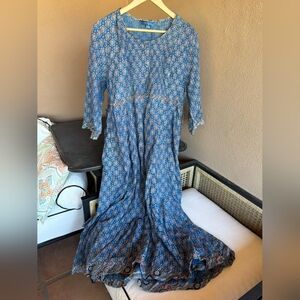 April Cornell Blue and White Floral Long Sleeve Cotton Dress